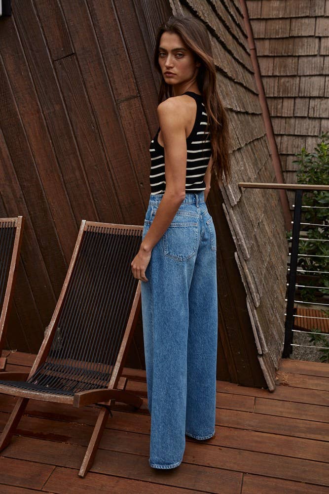 W1651 | Knit Sweater Ribbed Striped Tank Top: Cream Black