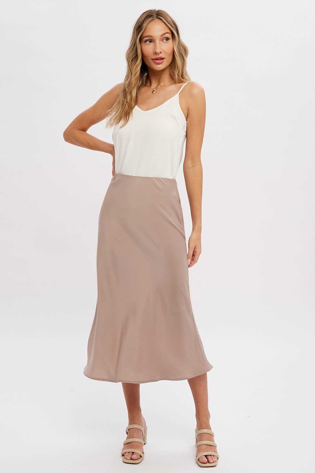 model wearing Mushroom Satin Midi Skirt