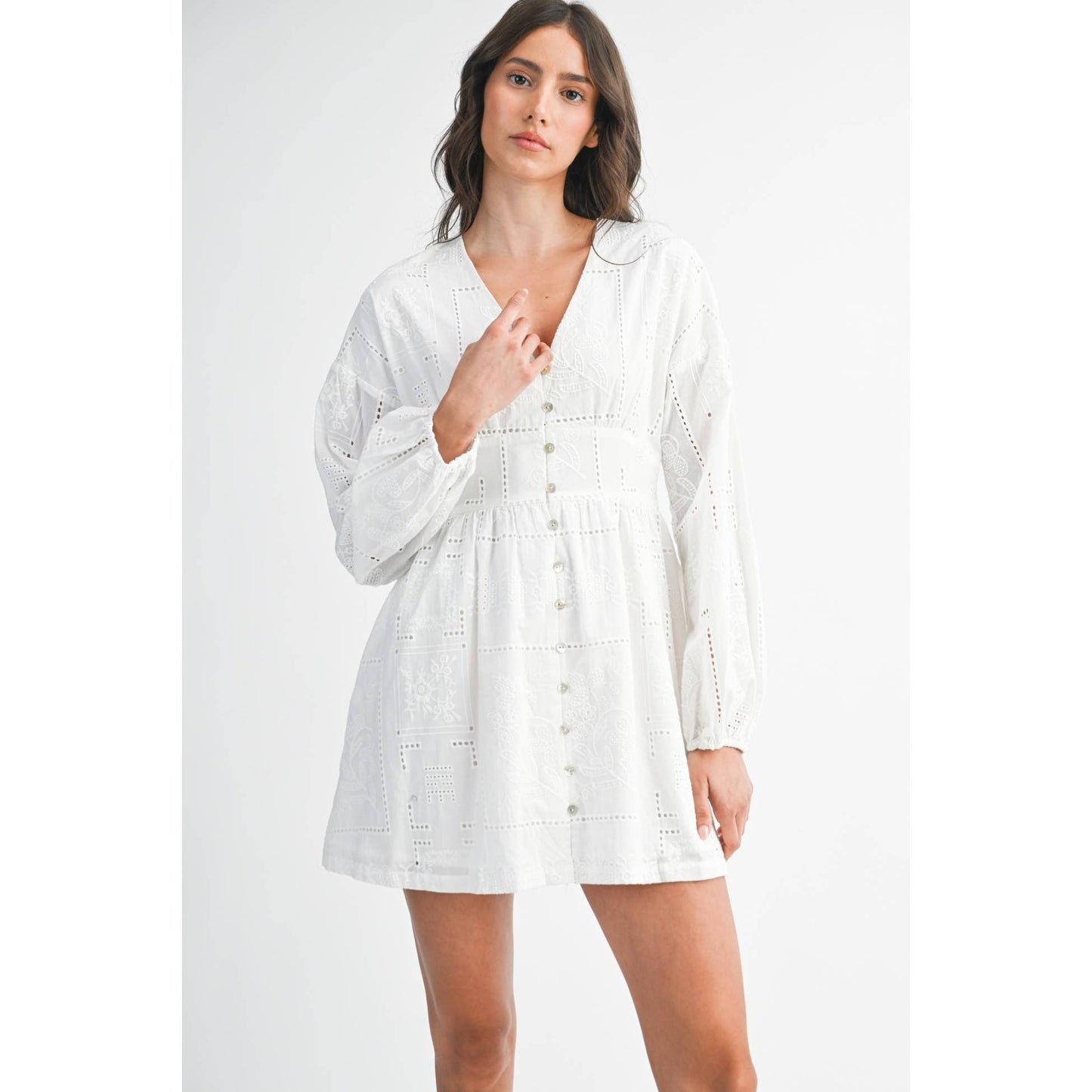 Embroidered Button Down Long Sleeve Mini Dress