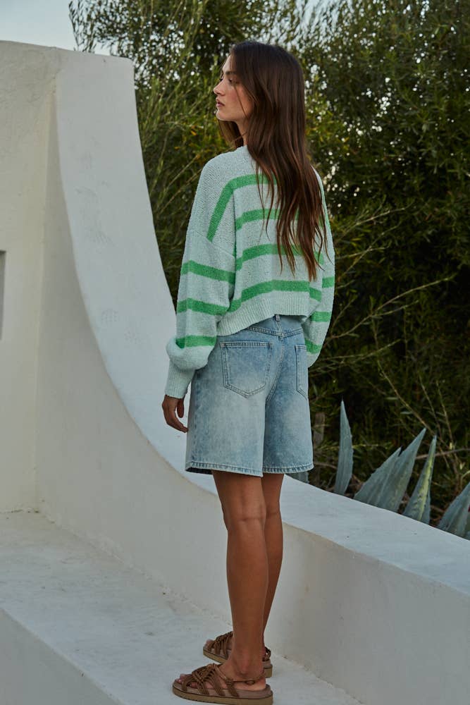 W1856 | Knit Sweater Striped Crewneck Long Sleeve Top: Natural Lime
