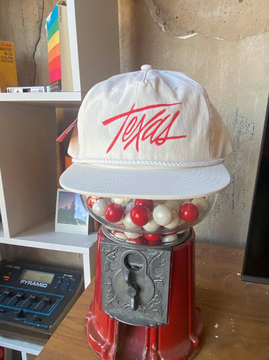 front view of white Texas script rope hat 