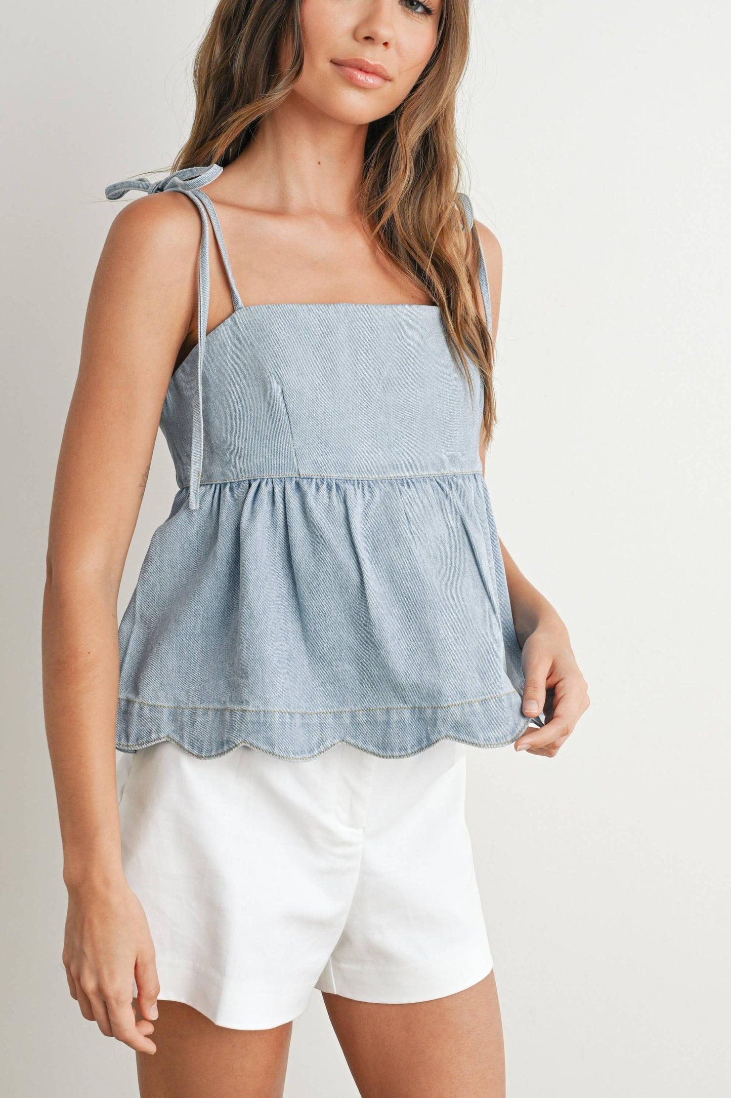 Denim Peplum Tie-Strap Top
