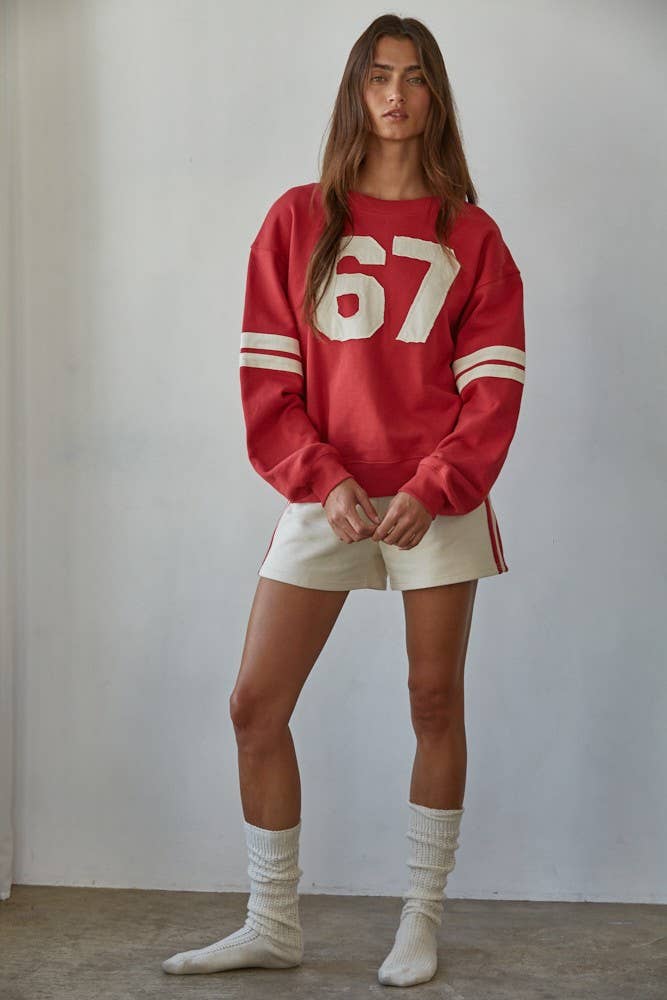 L8598B | Knit Cotton French Terry Wide Leg Shorts: Cream Red