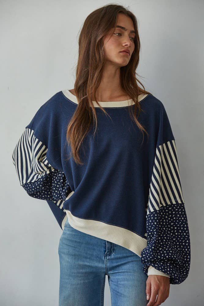 L8697 | Knit Cotton Polyester Striped Floral Long Sleeve: Navy Cream