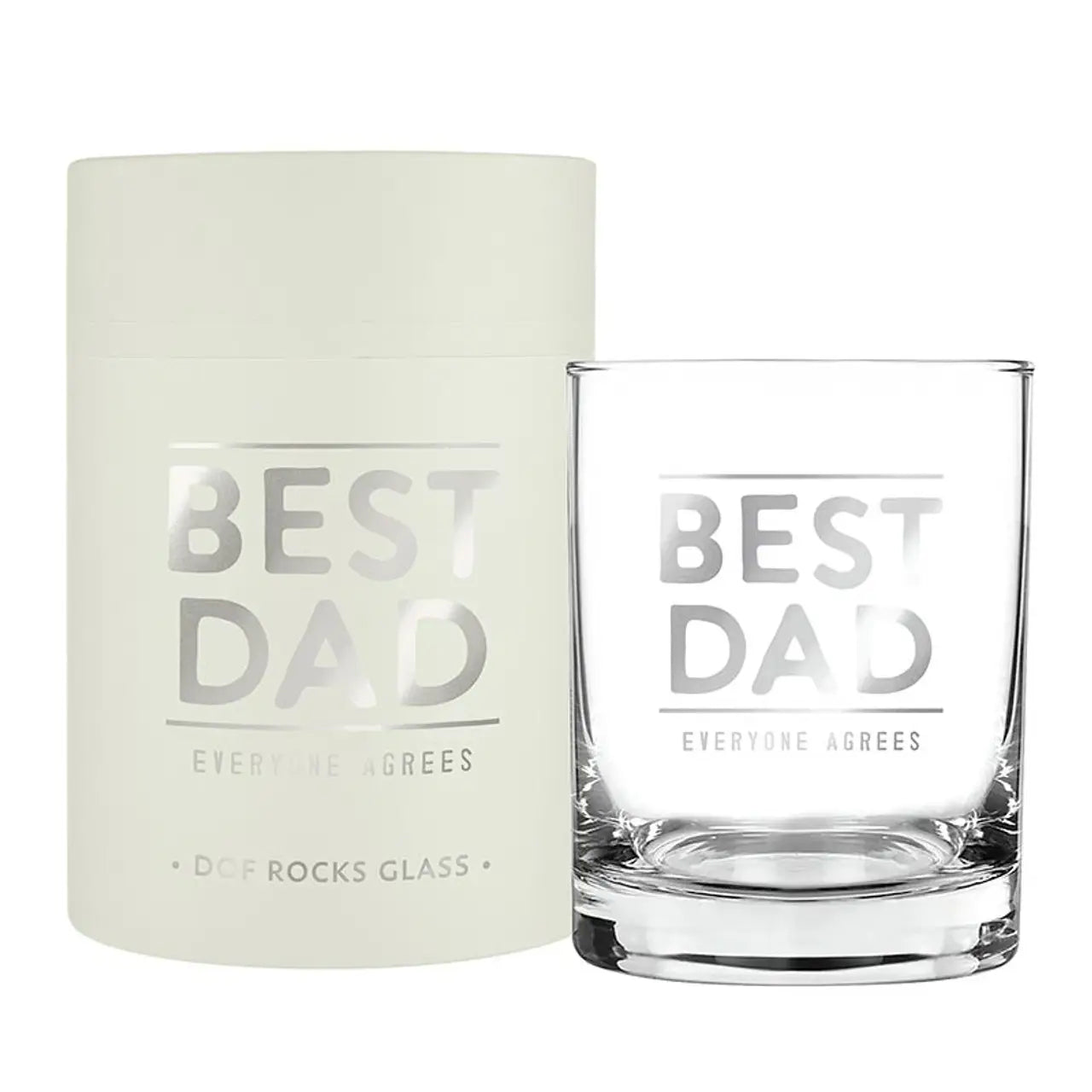 Clear glass tumbler with 'Best Dad' text next to a white box on a white background