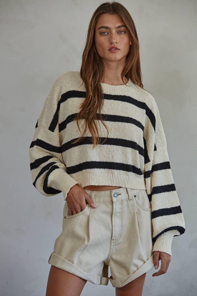 W1856 | Knit Sweater Striped Crewneck Long Sleeve Top: Natural Lime