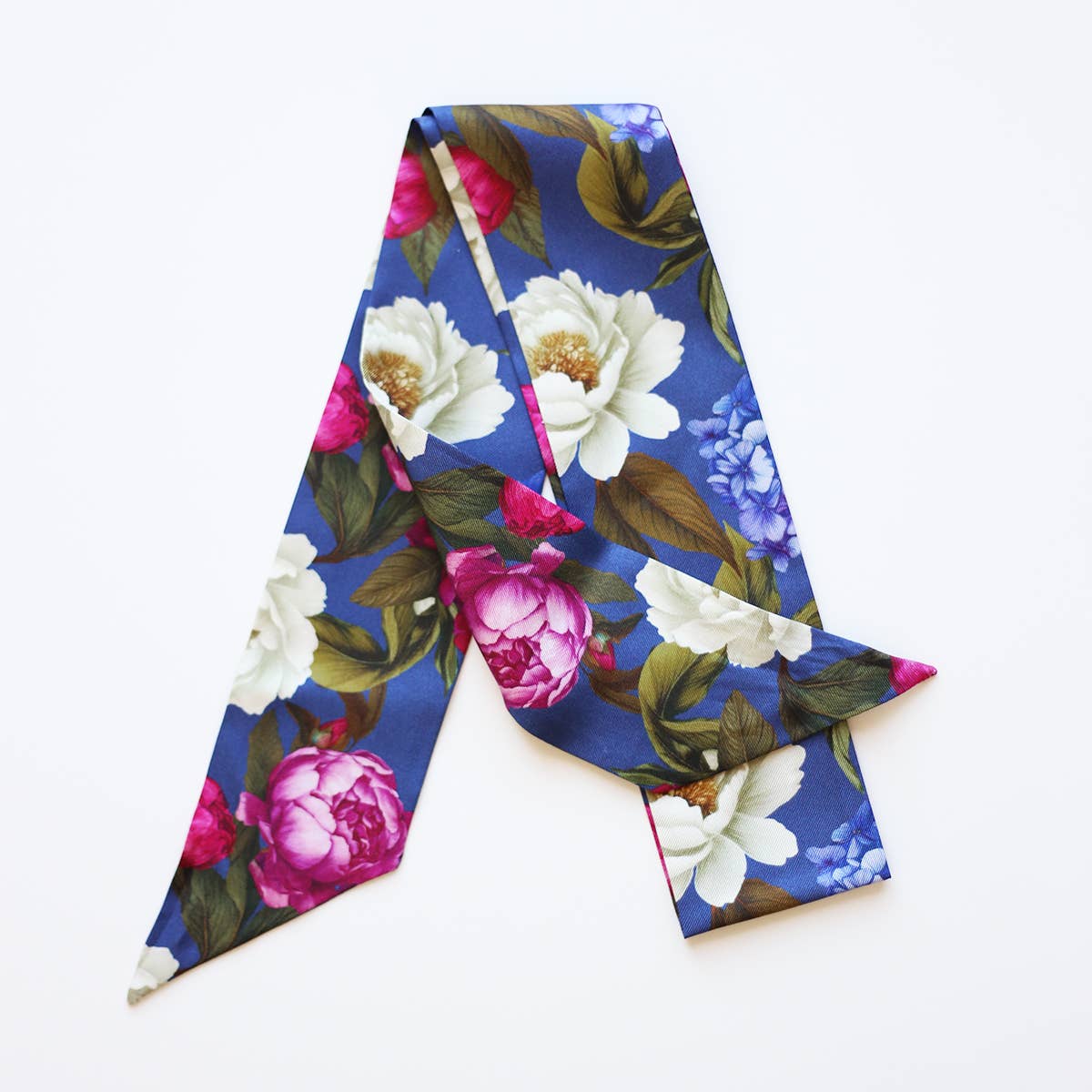 Twilly-Tie Set-Romantic Blue Floral | Wrist Scarf Ring 42": Classic Gold