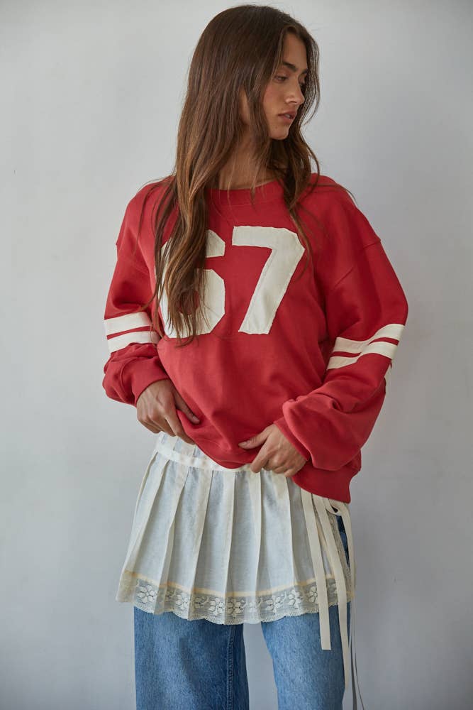 L8598T | Knit Cotton French Terry Crew Neck Pullover: Dusty Red