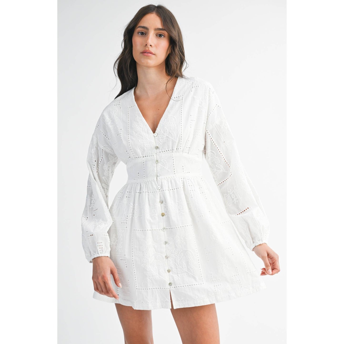 Embroidered Button Down Long Sleeve Mini Dress