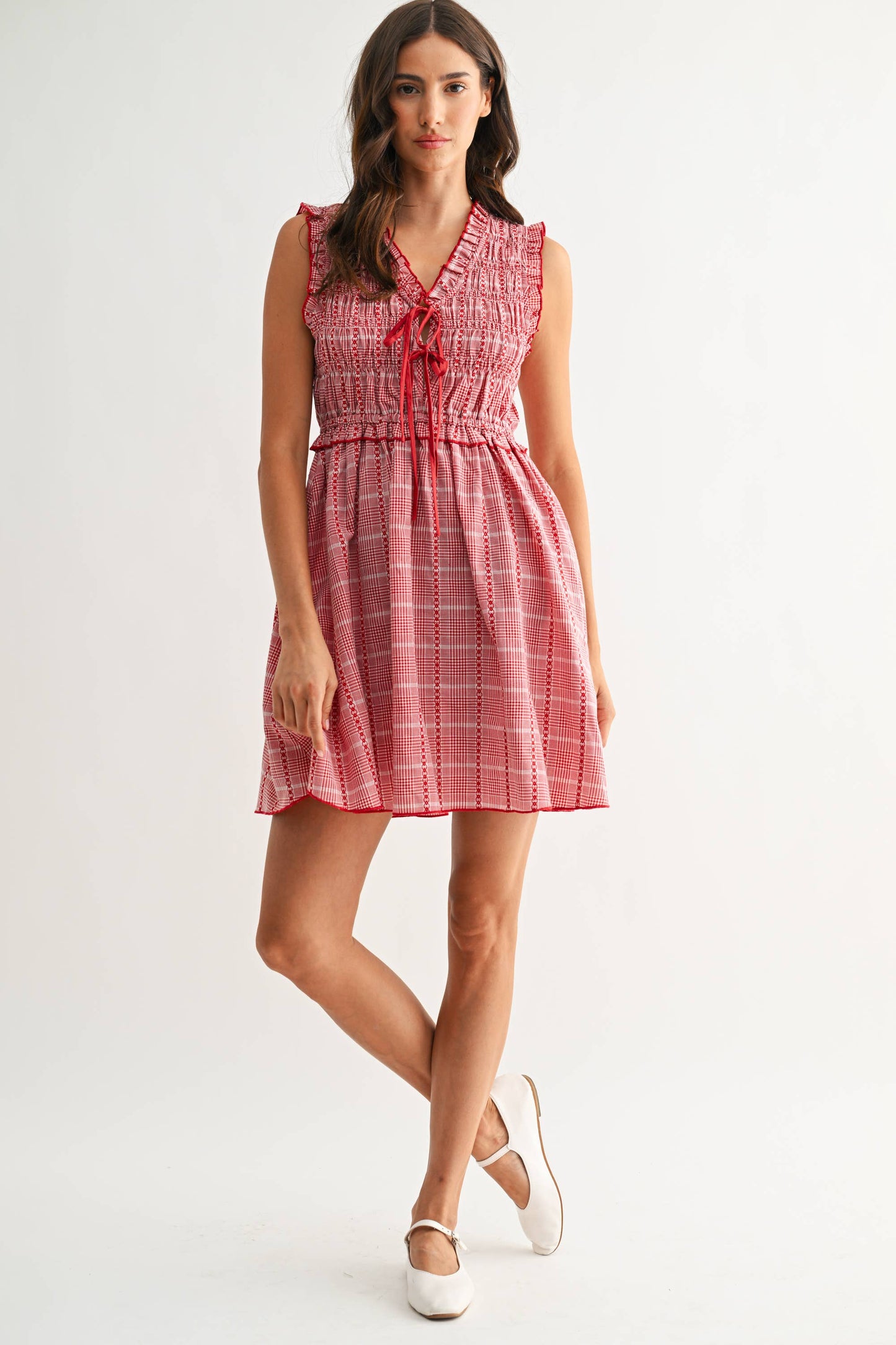 Red Plaid Smocked Mini Dress