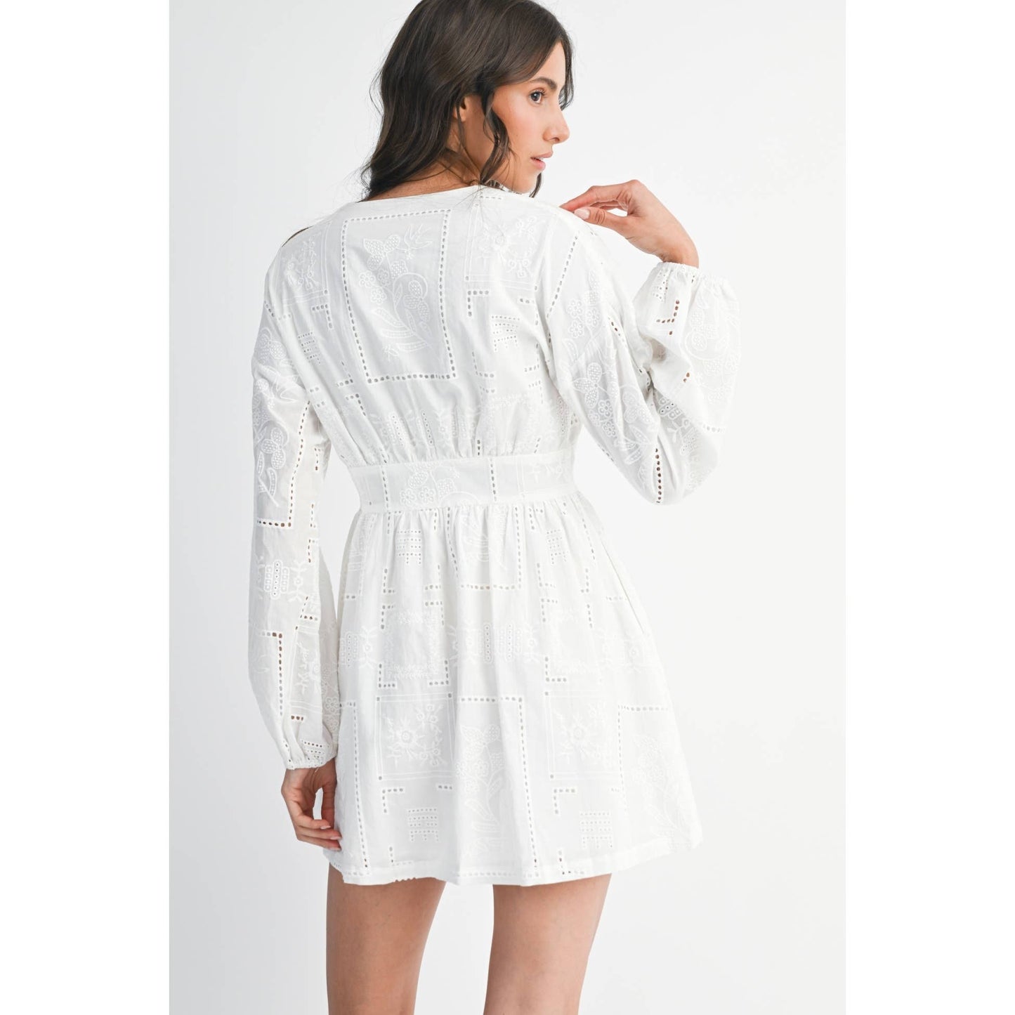Embroidered Button Down Long Sleeve Mini Dress