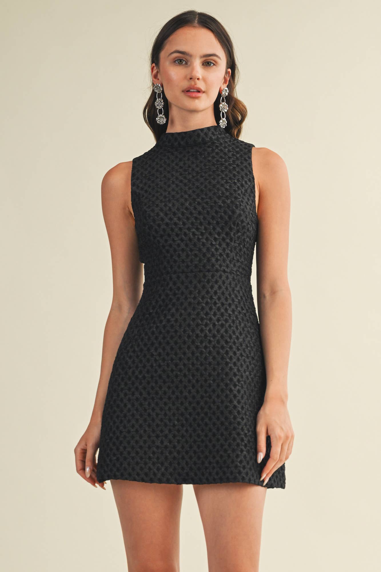 Black Mock neck Sleeveless Textured Dress