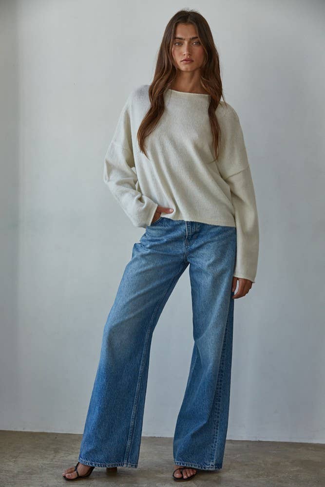 W2114 | Knit Sweater Rolled Round Neck Pullover Top: Off White / L