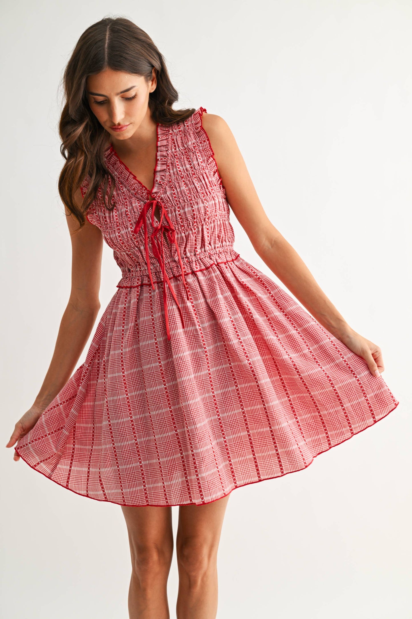 Red Plaid Smocked Mini Dress