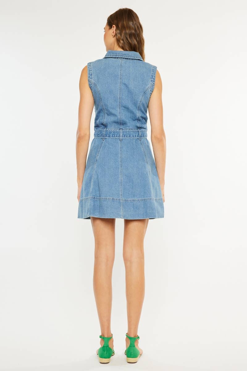 Sleeveless Denim Button Down Dress with Tie