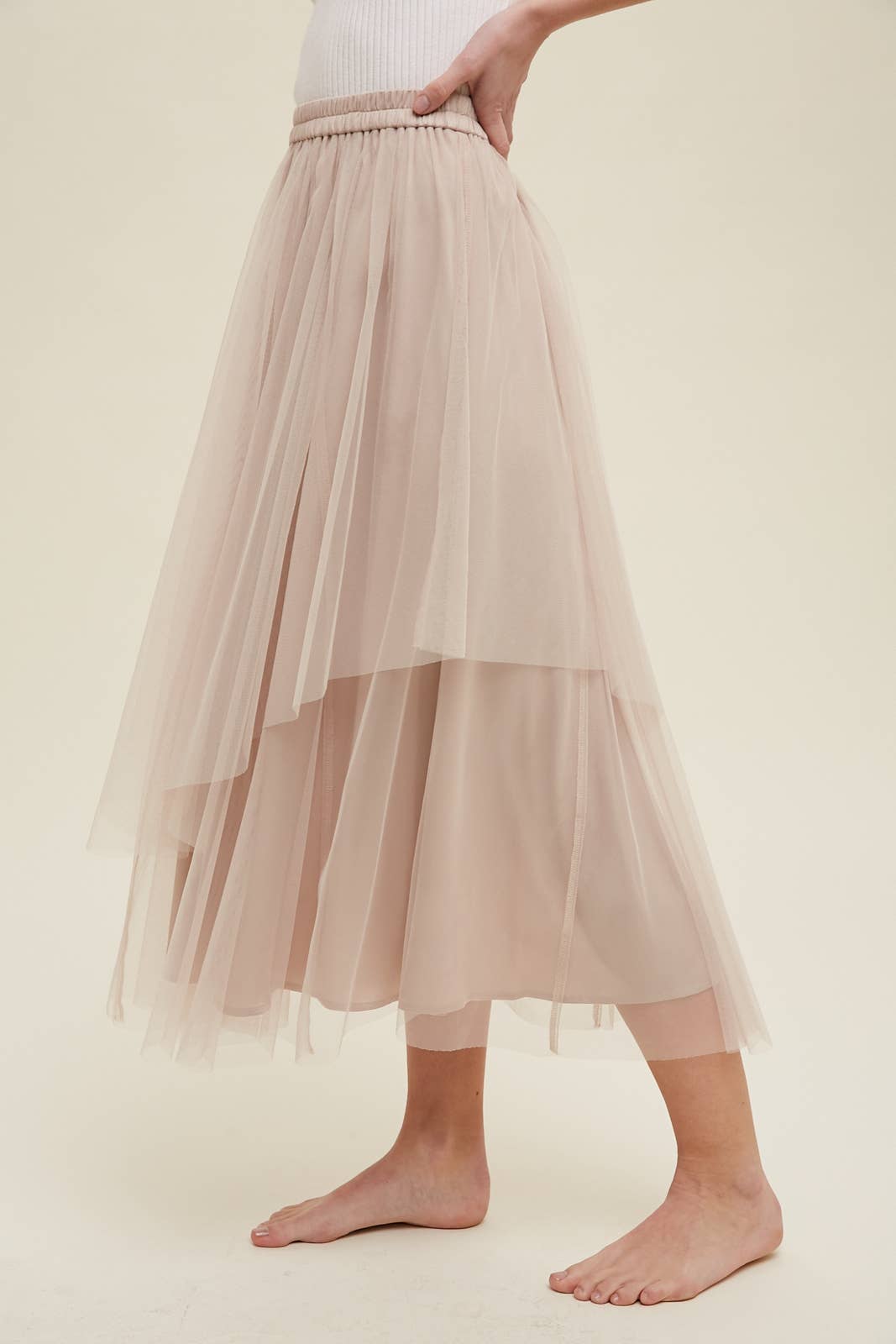 Champagne Tulle Midi Skirt – Double Layered Elastic Waist
