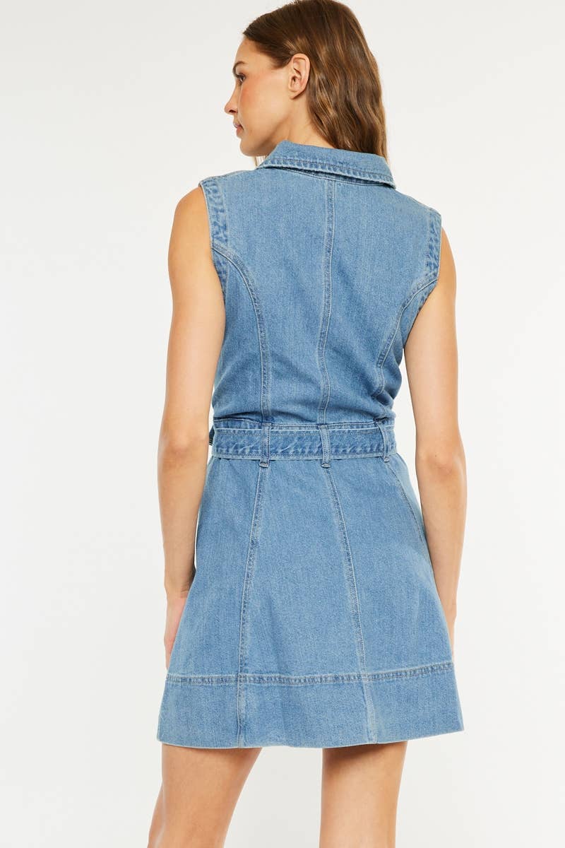 Sleeveless Denim Button Down Dress with Tie