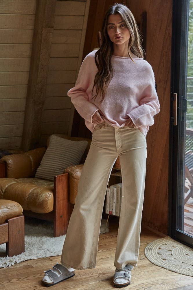 W2114 | Knit Sweater Rolled Round Neck Pullover Top: Off White / L