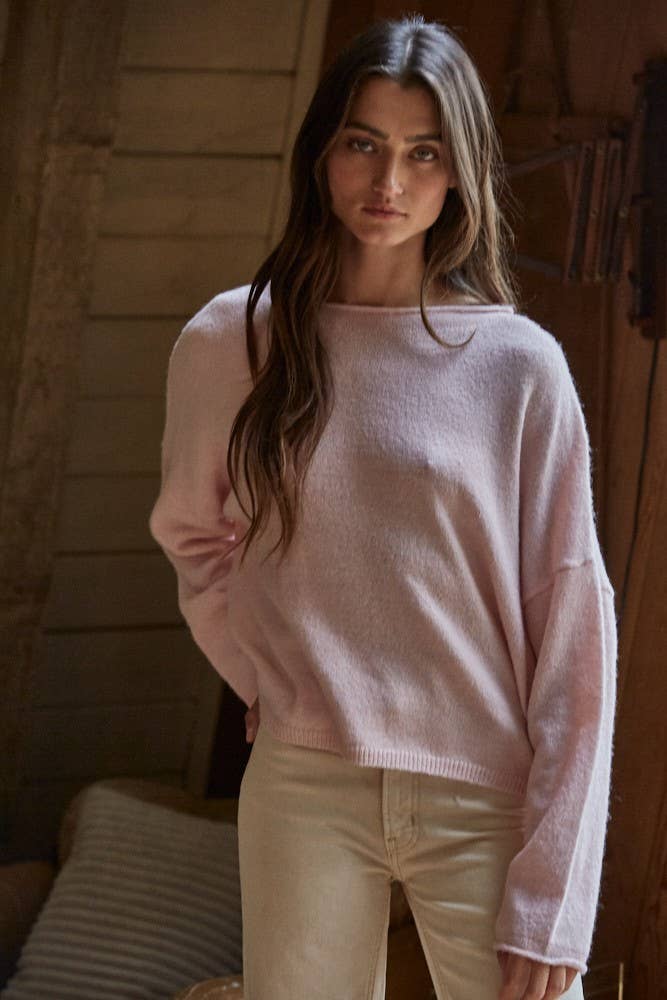 W2114 | Knit Sweater Rolled Round Neck Pullover Top: Off White / L