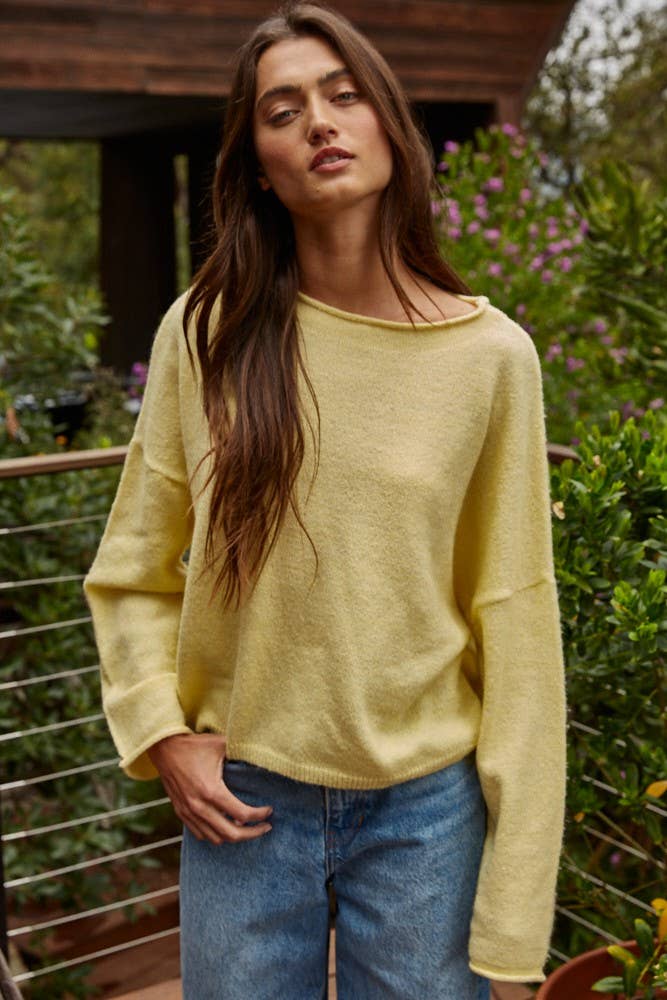 W2114 | Knit Sweater Rolled Round Neck Pullover Top: Off White / L