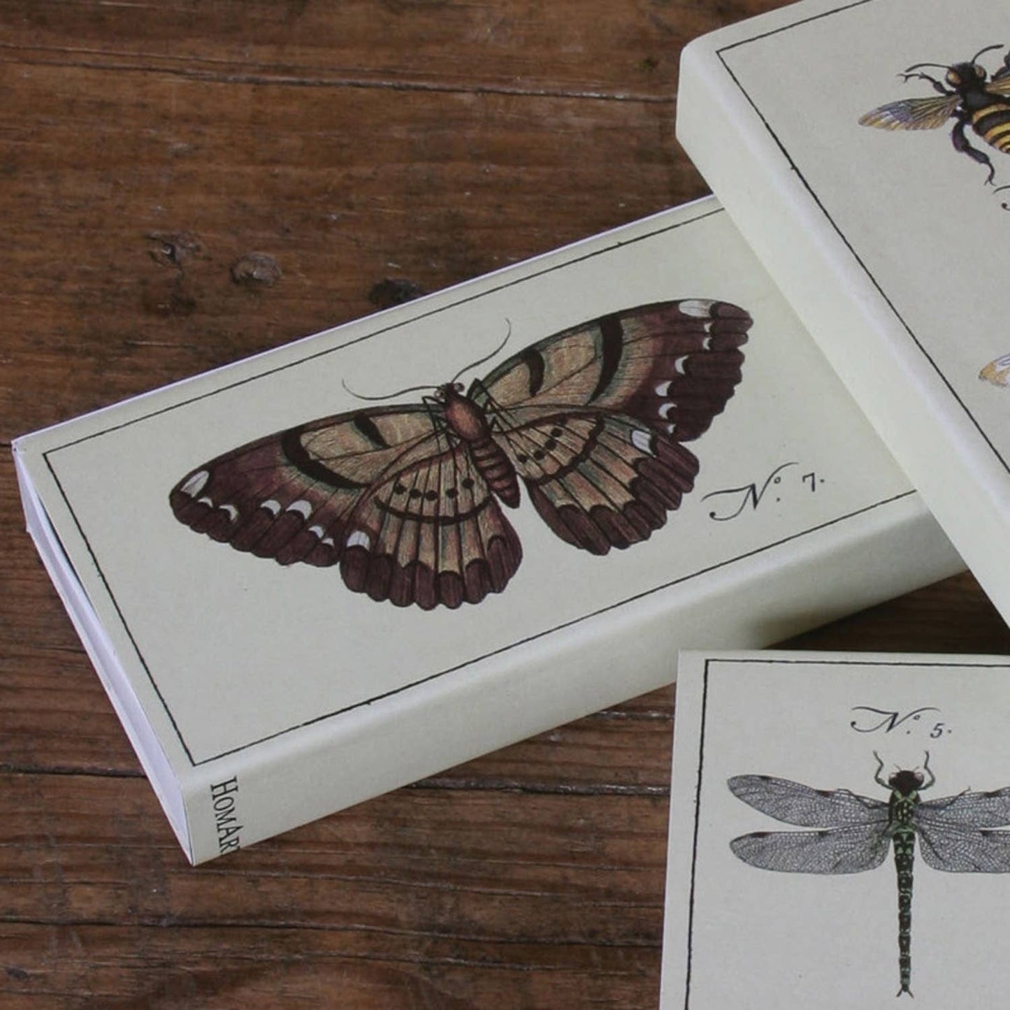 matchbooksvwith  illustrations of a butterfly and a dragonfly on a wooden surface