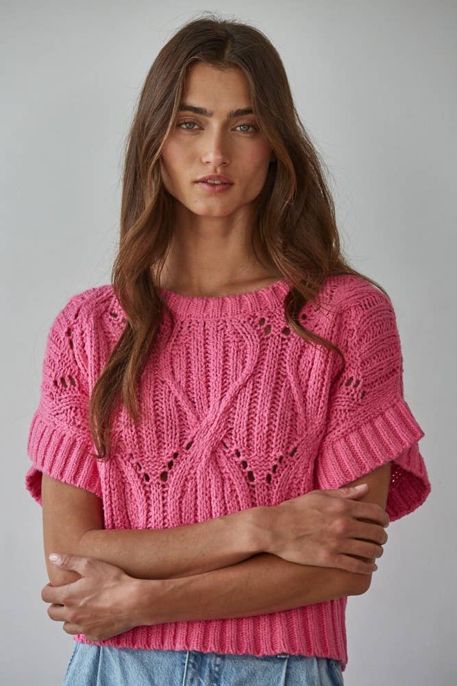 W1124 | Knit Sweater Crochet Round Neck Short Sleeve Top: Cream