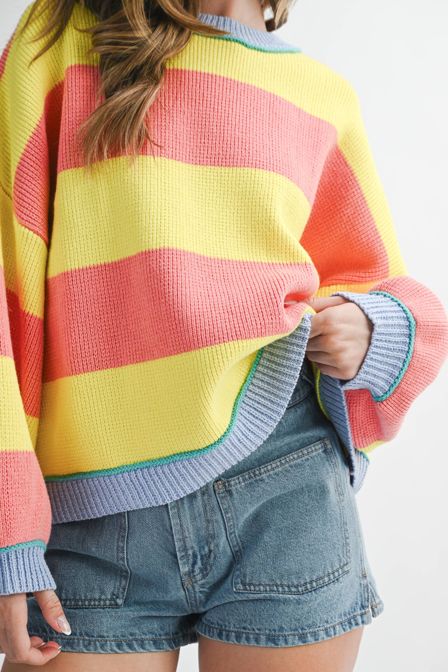 3404GK Striped Knit Crewneck Pullover Sweater: Sunburst / Contemporary