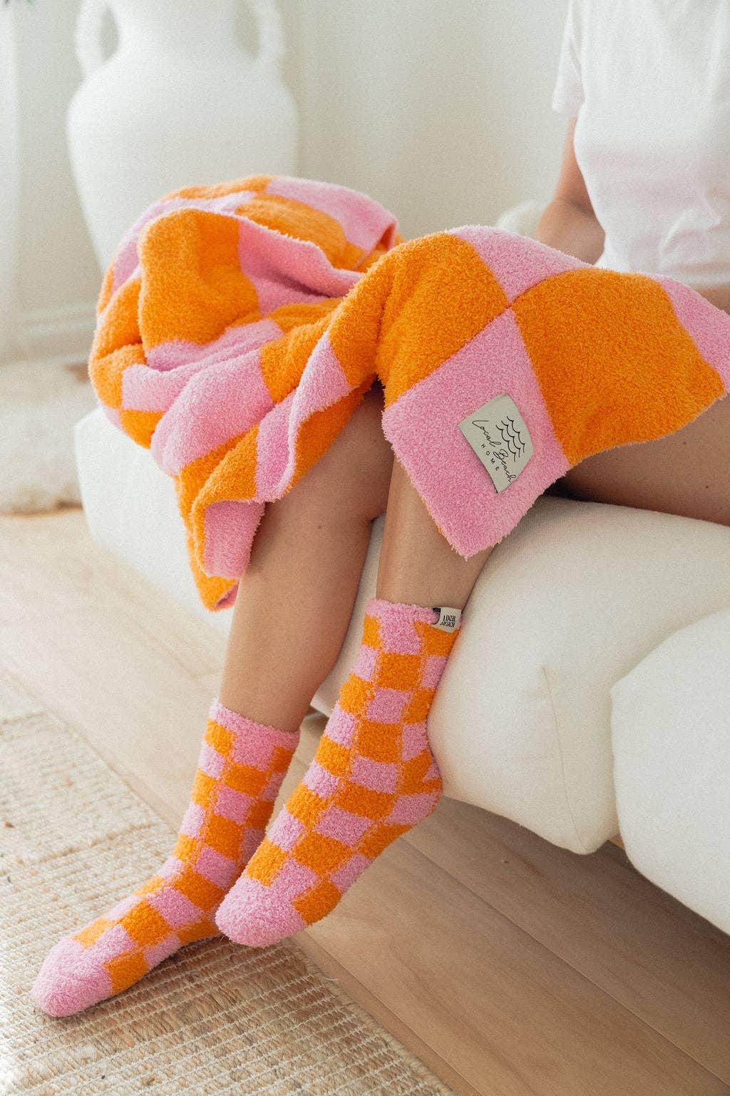 local beach Checker Luxe Home Blanket: Sand/Cream