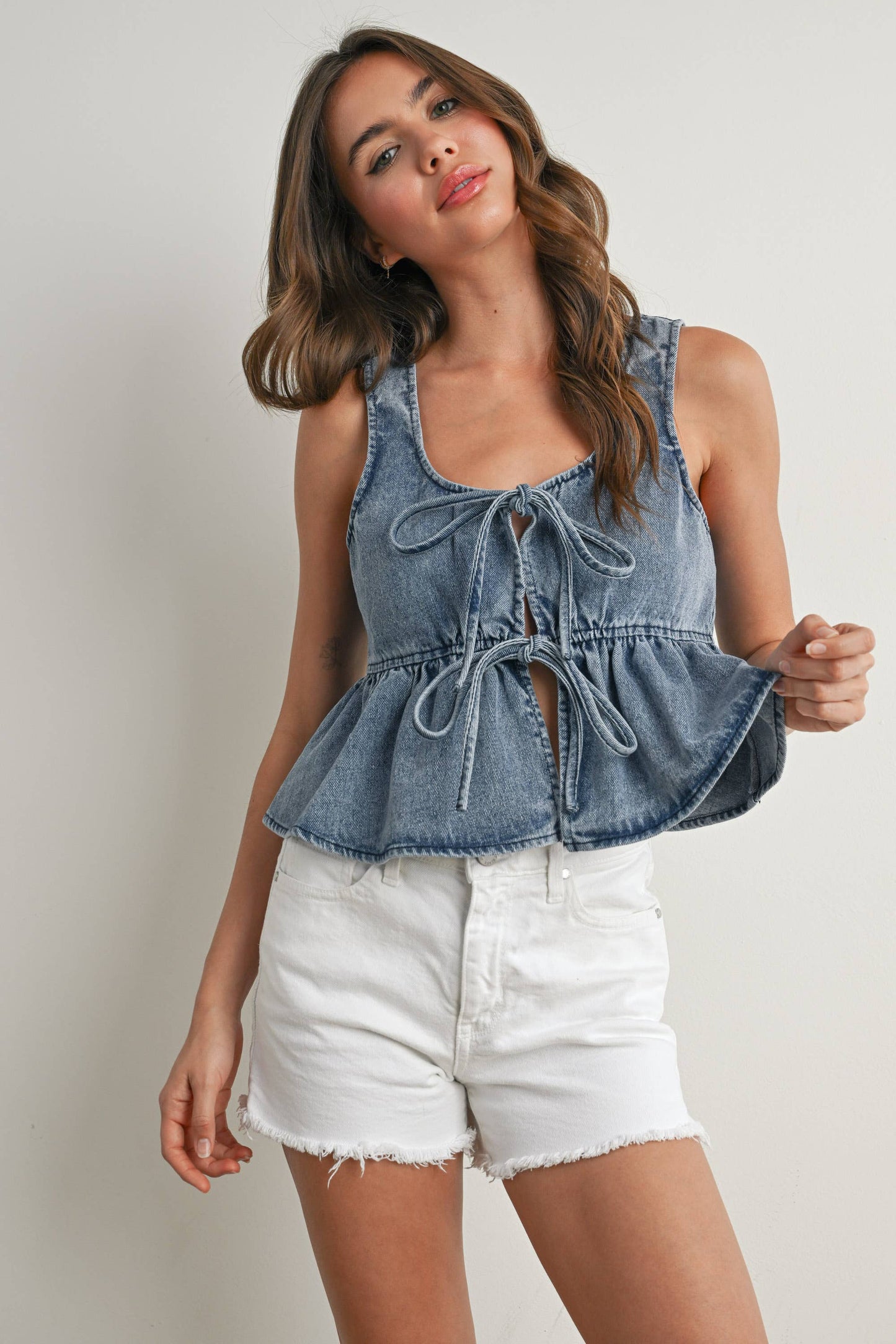 Denim Tie Front Peplum Tank Top