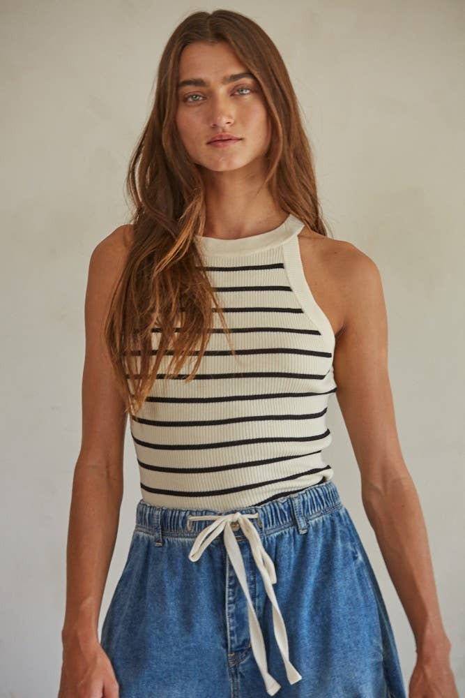 W1651 | Knit Sweater Ribbed Striped Tank Top: Cream Black