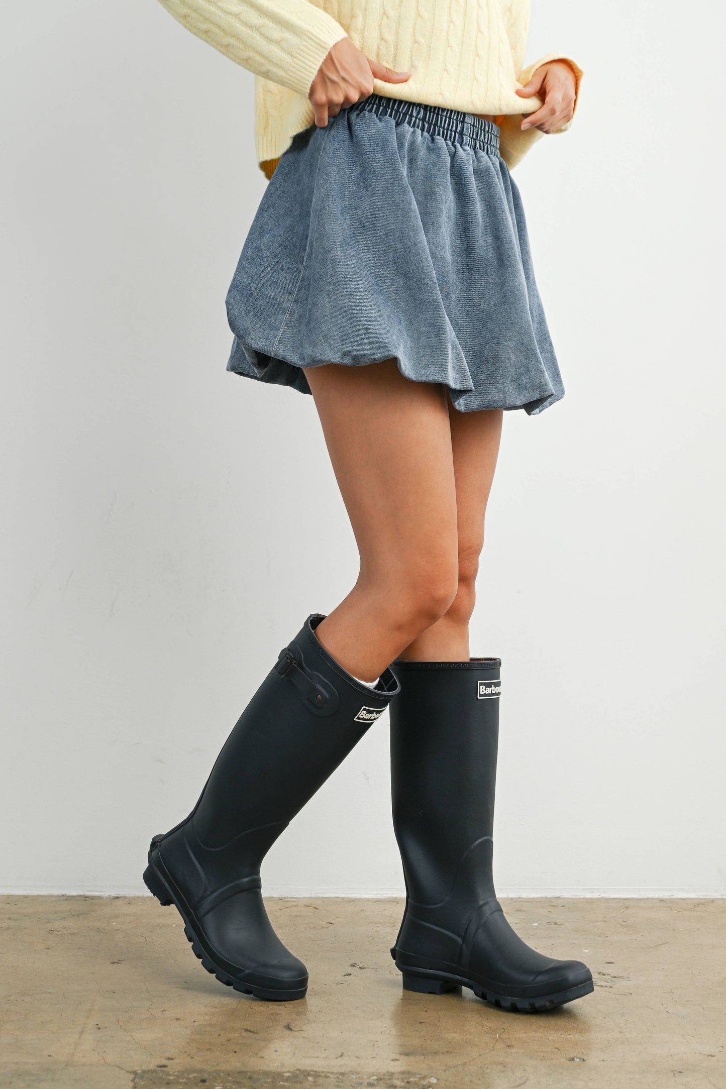 Denim Bubble Skirt – Elastic Waist Medium Wash Skirt