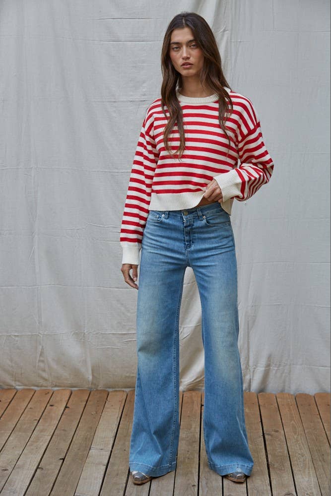 Knit Sweater Nylon Wool Acrylic Striped Pullover: Cream Navy