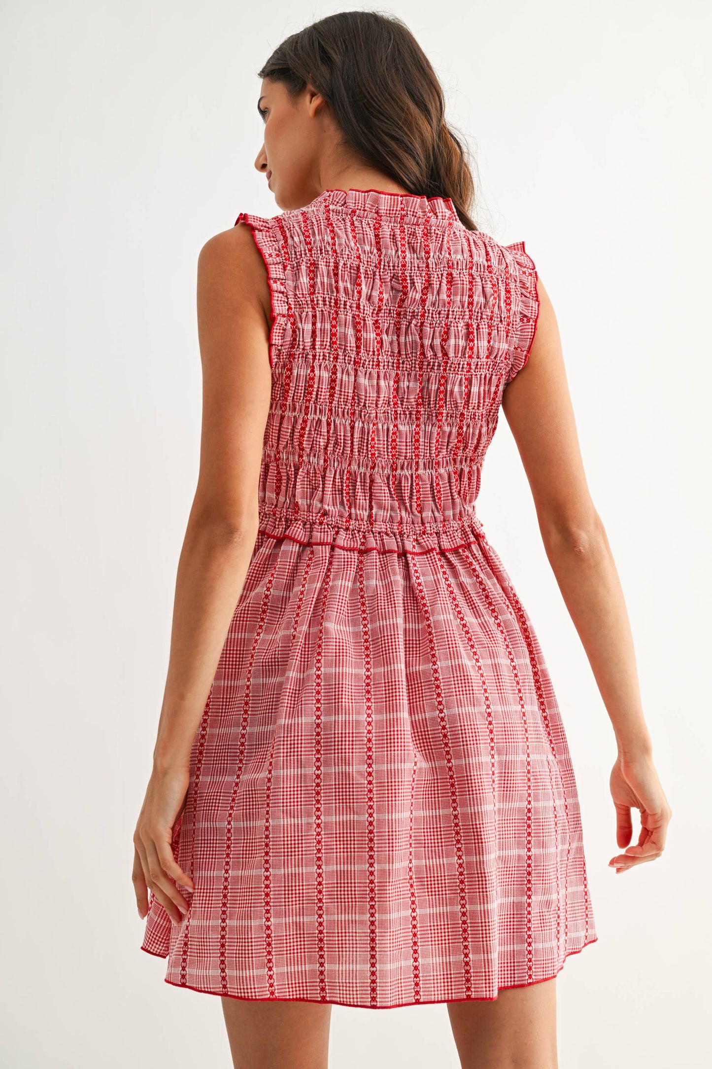 Red Plaid Smocked Mini Dress