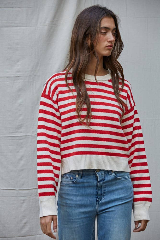 Knit Sweater Nylon Wool Acrylic Striped Pullover: Cream Navy