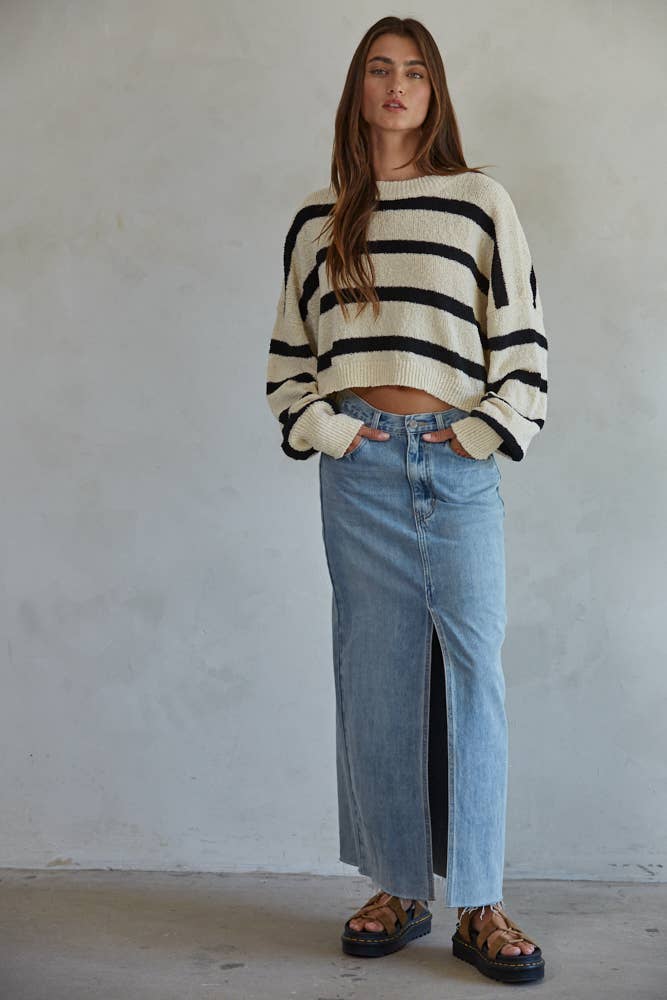 W1856 | Knit Sweater Striped Crewneck Long Sleeve Top: Light Mint Green
