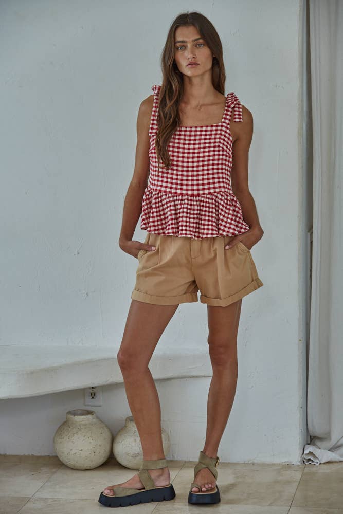 Red Gingham Print Sleeveless Peplum Top