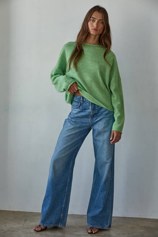 W2114 | Knit Sweater Rolled Round Neck Pullover Top: Off White / L