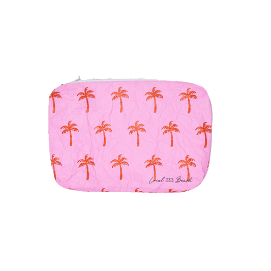 Pink pouch with palm tree pattern on a transparent background