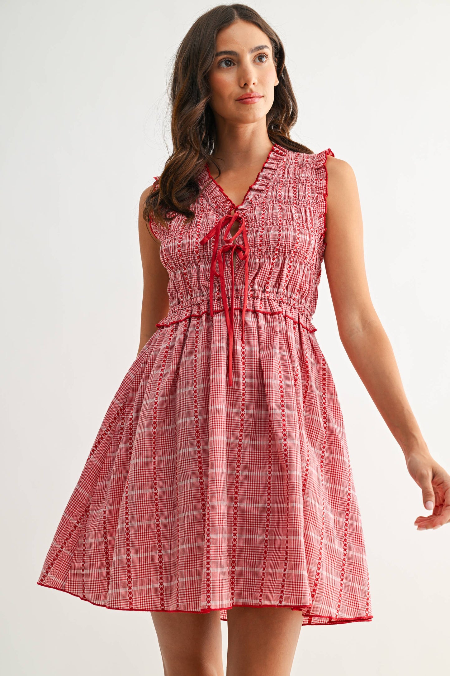 Red Plaid Smocked Mini Dress