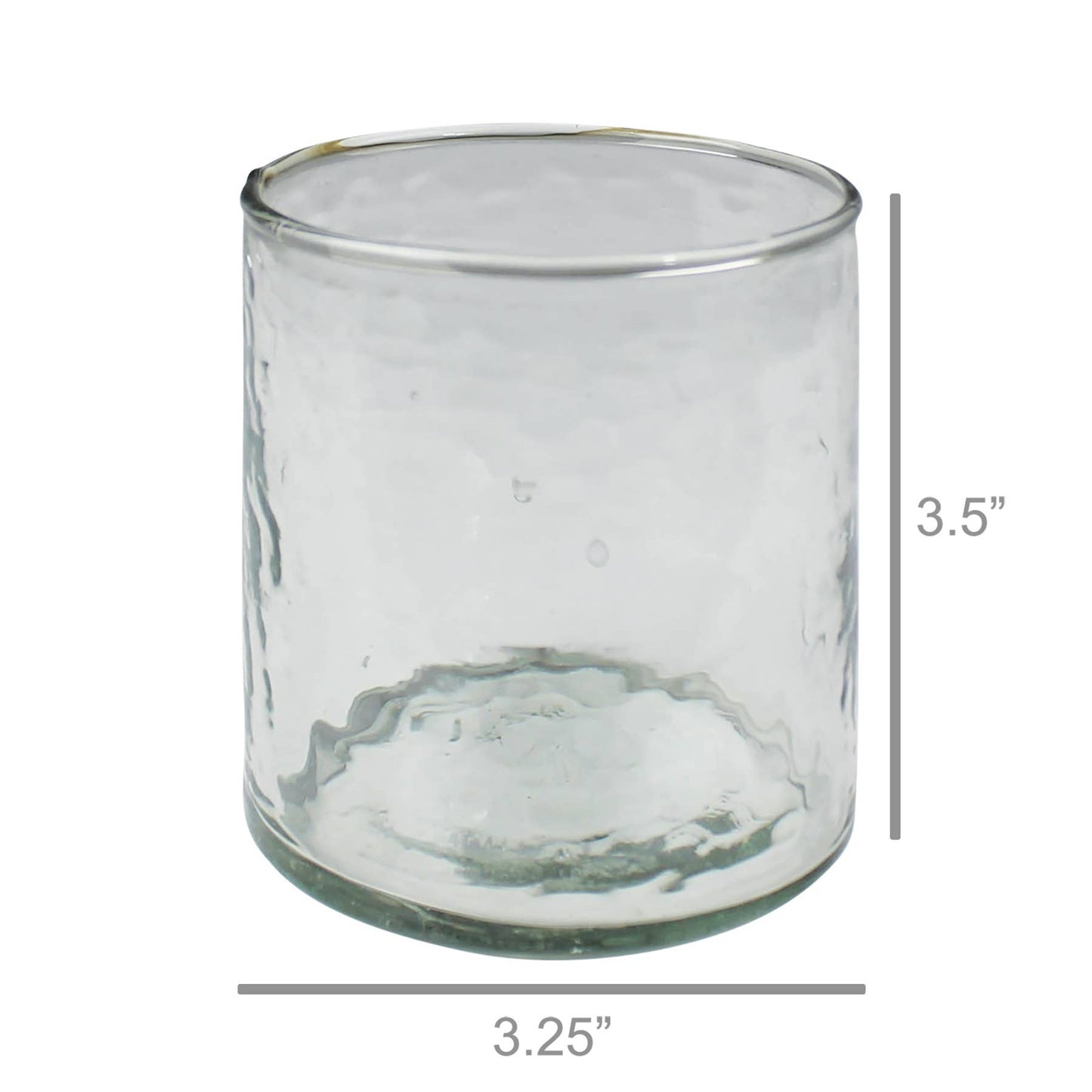 Clear glass candle holder with dimensions on a white background