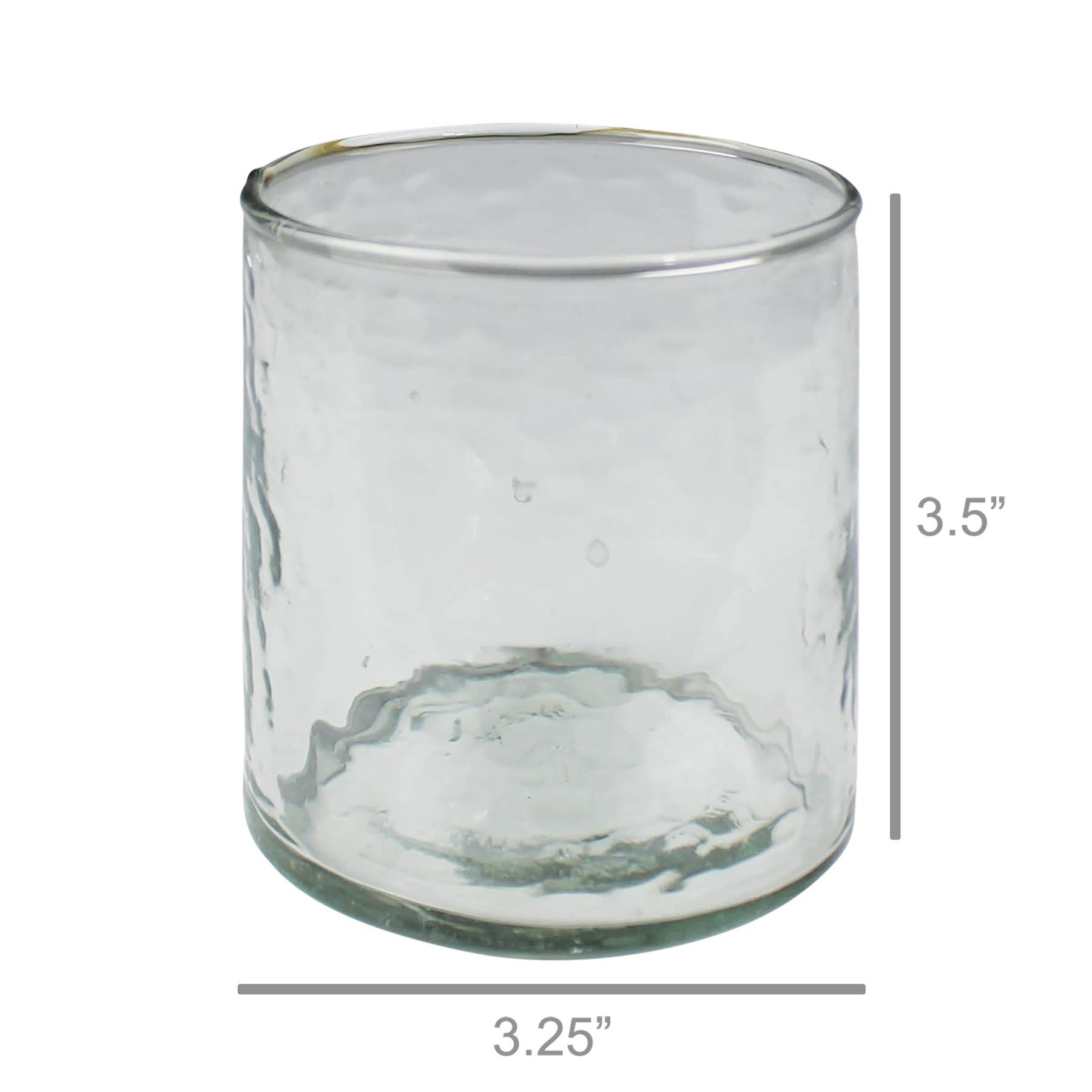 Clear glass candle holder with dimensions on a white background