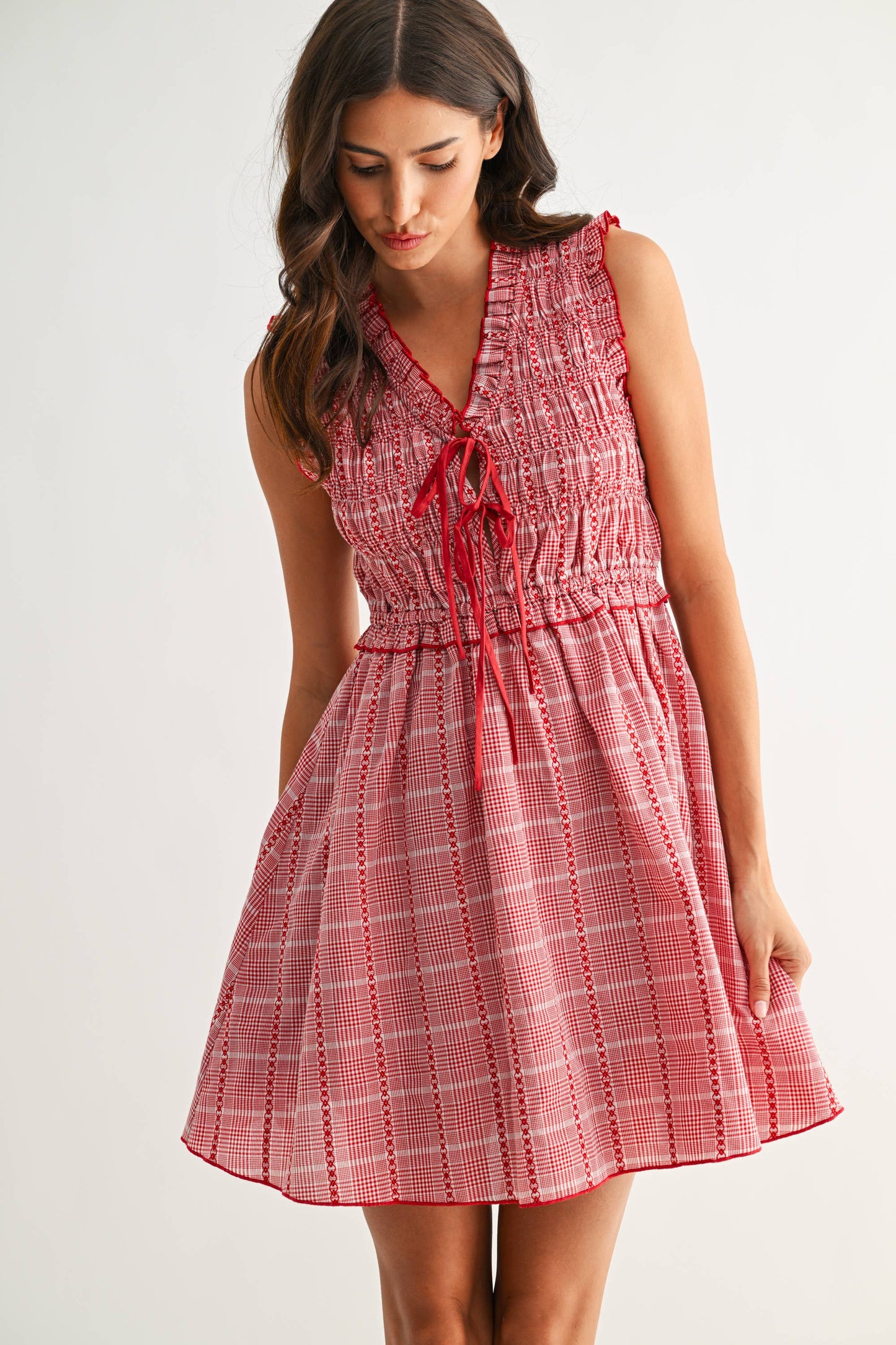 Red Plaid Smocked Mini Dress