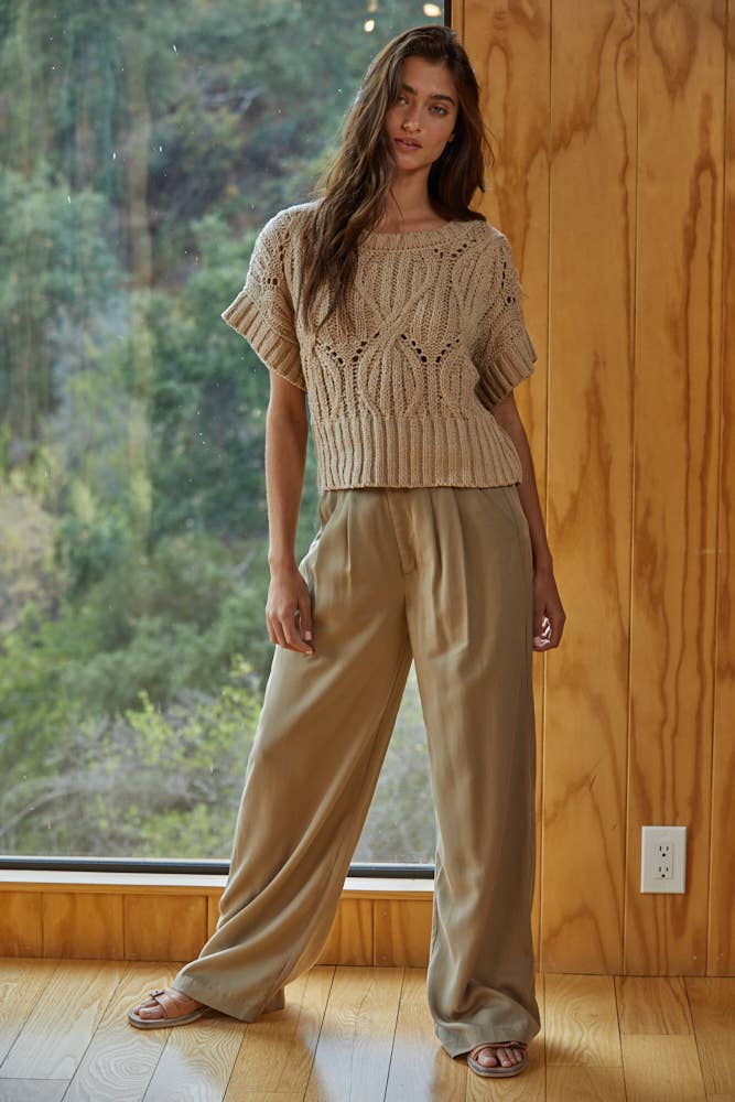 W1124 | Knit Sweater Crochet Round Neck Short Sleeve Top: Cream