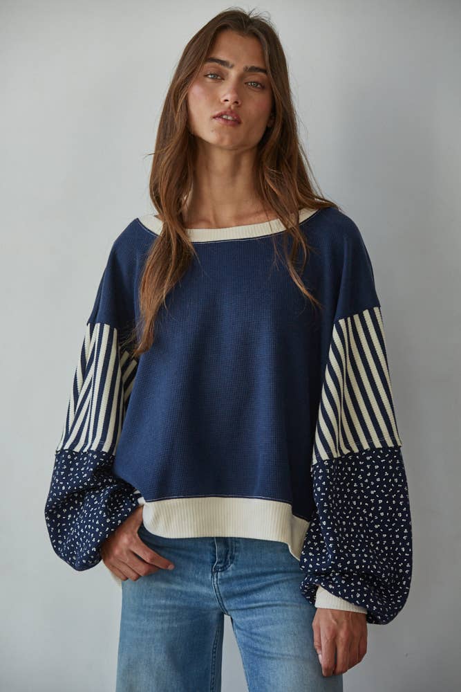 L8697 | Knit Cotton Polyester Striped Floral Long Sleeve: Navy Cream