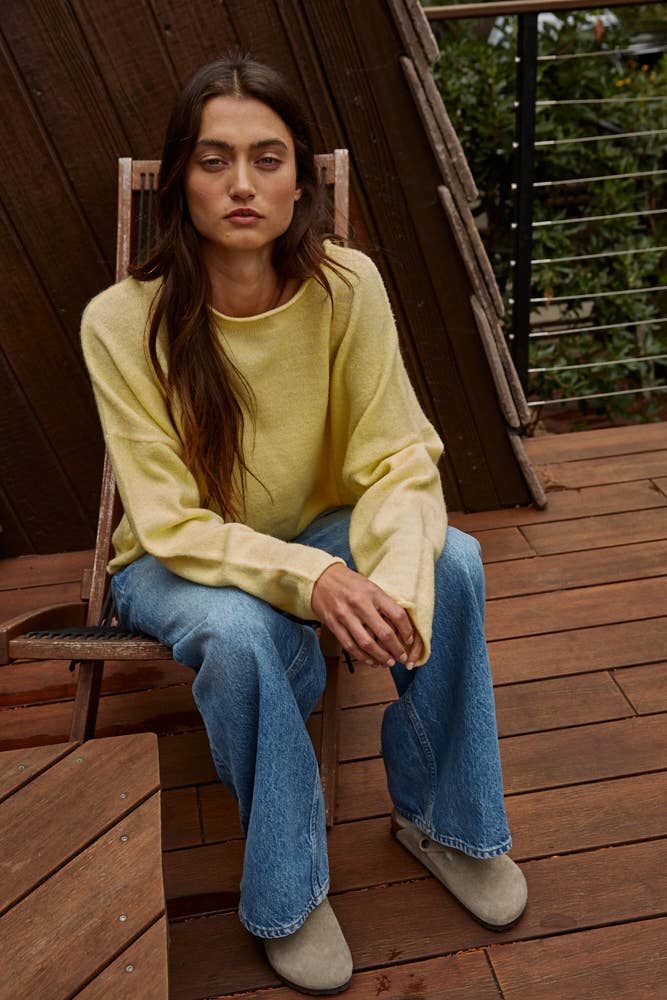 W2114 | Knit Sweater Rolled Round Neck Pullover Top: Off White / L