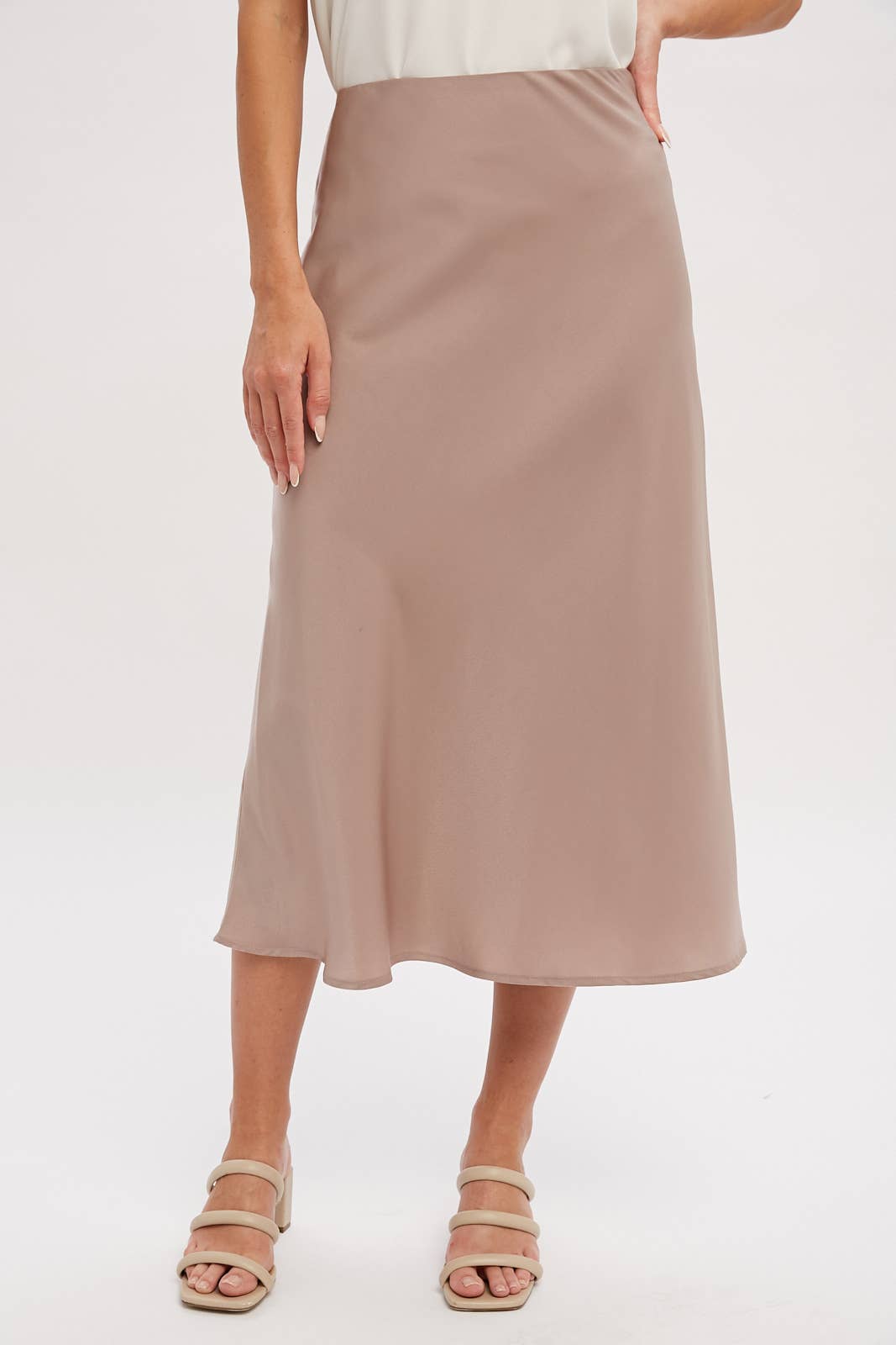 close up of Mushroom Satin Midi Skirt