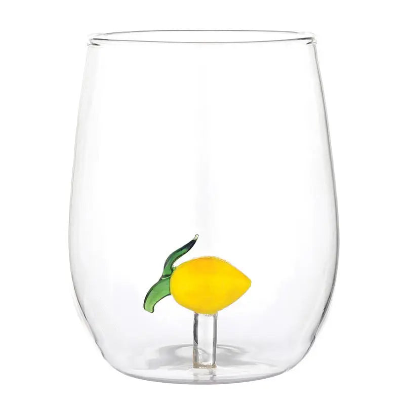Clear glass with a lemon charm on a white background