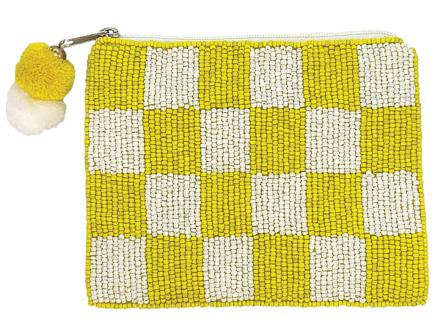WHITE YELLOW CHECKERED BEADED COIN POUCH