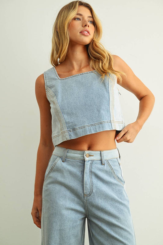COLOR BLOCKED SLEEVELESS TOP DENIM