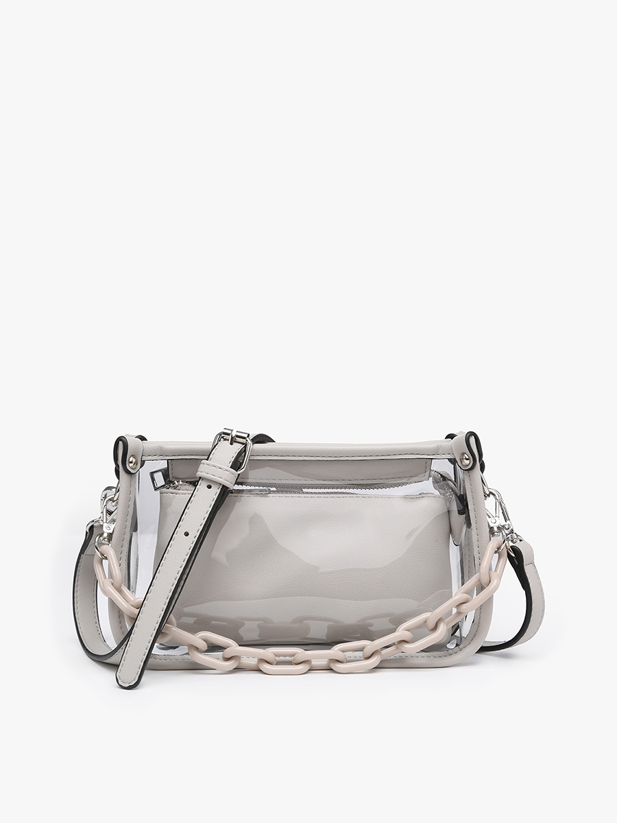 Clear handbag with a chain detail on a white background